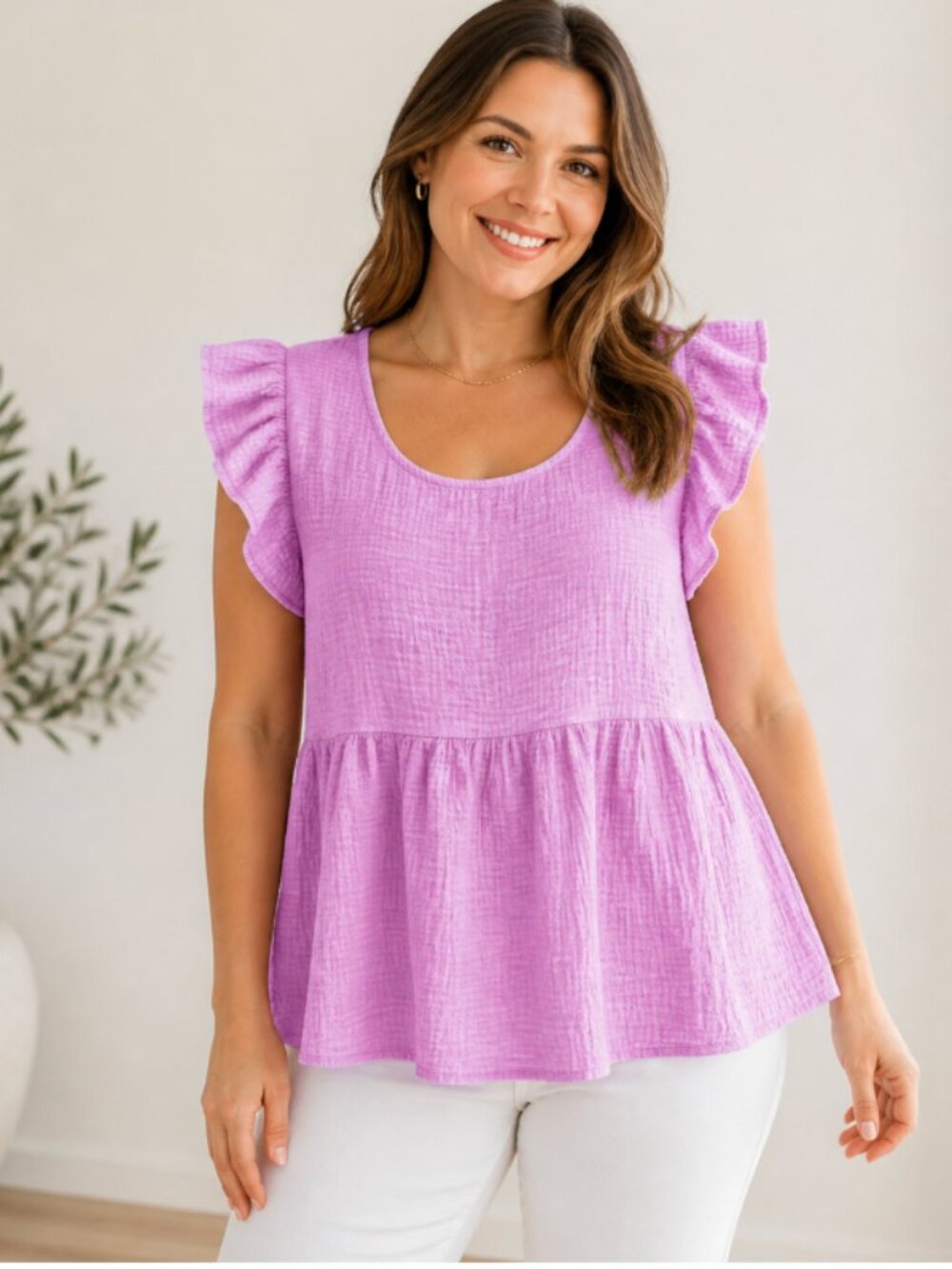NEW Zenana Outfitters Pink Ruffle Sleeve Textured Camisole Top Size Large
